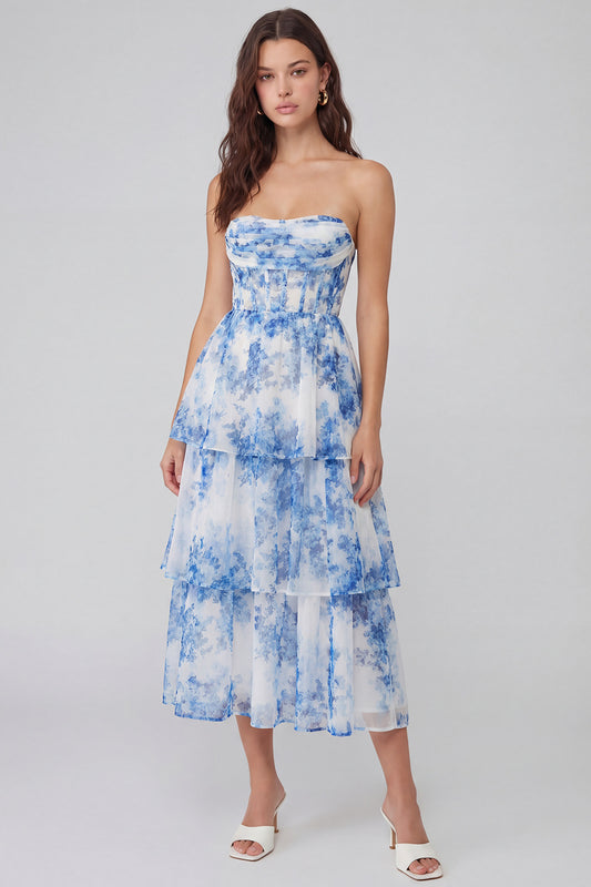 White Blue Flower Corset Maxi Wedding Guest Dress with Ruffles