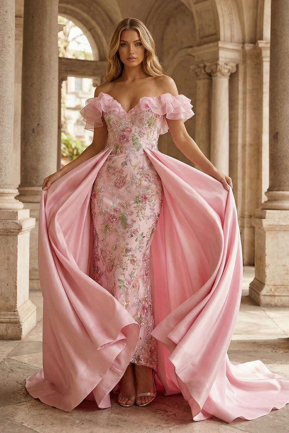 open lace back dress Spaghetti Straps 3D Flowers Ball Gown with Cape Long Prom Dress ARD2723 main image 0