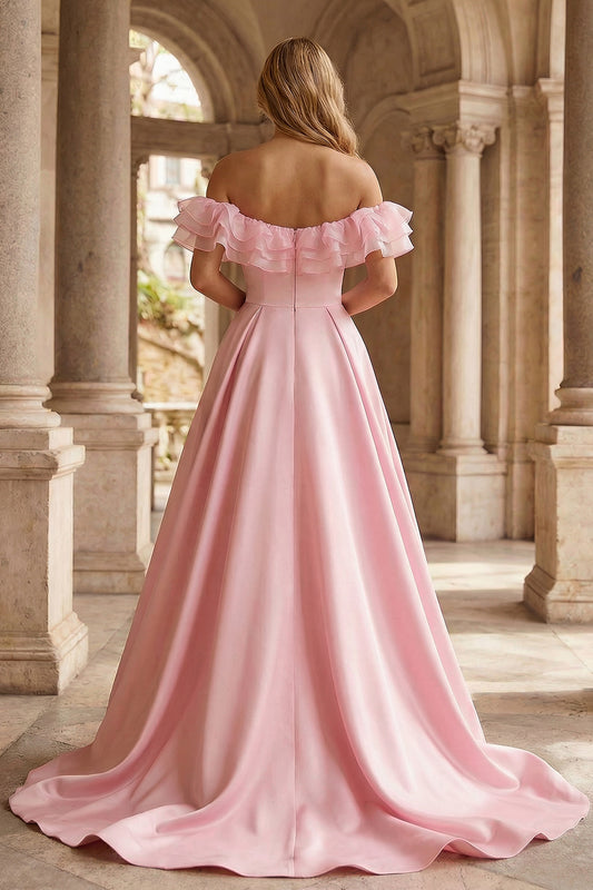 Sparkly Floral Pink Off the Shoulder Ruffled Mermaid Long Prom Dress with Cape