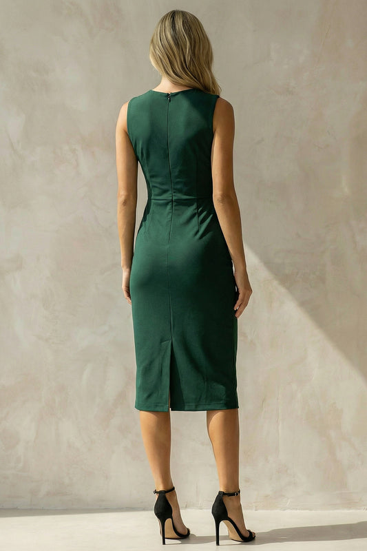 Dark Green Round Neck Ruched Pencil Midi Work Dress with Slit