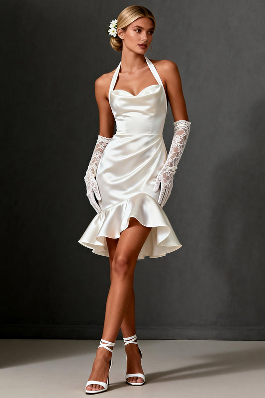 White Satin Bodycon Halter Ruffled Short Wedding Dress