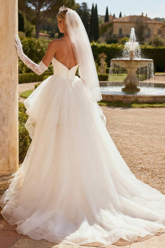 Ivory Tulle Beaded Sweetheart A Line High-Low Wedding Dress