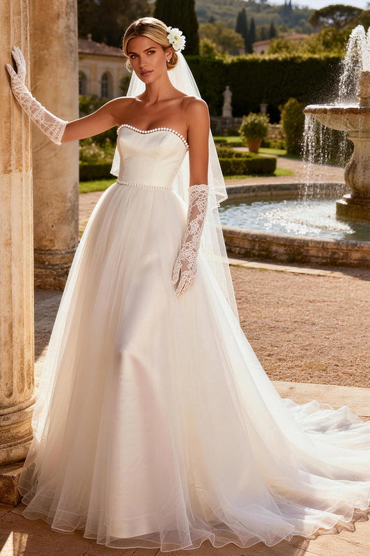 Ivory Tulle Strapless A Line Beaded Sweep Train Wedding Dress