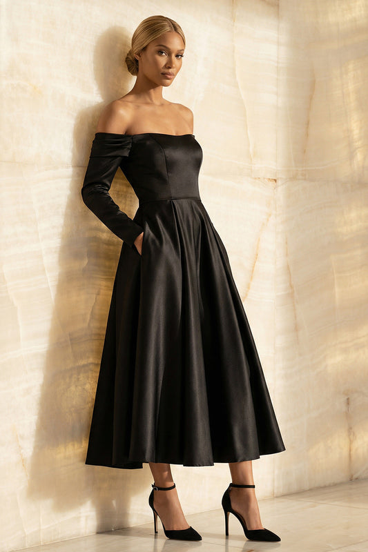 Black Off the Shoulder Satin A Line Long Sleeves Formal Dress