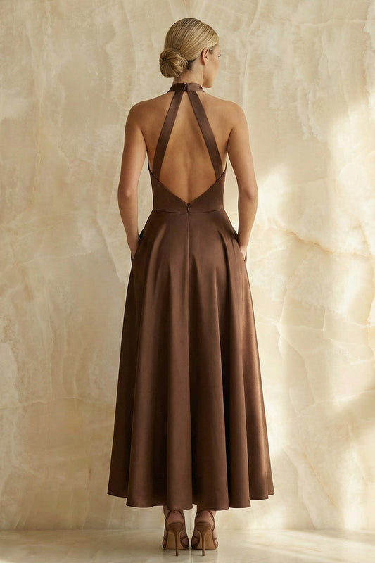 Chocolate Satin Halter A Line Ruched Long Formal Dress with Pockets