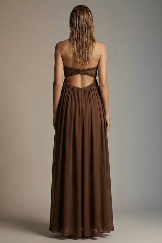 Chocolate A Line Pleated Strapless Cut Out Long Formal Dress with Slit