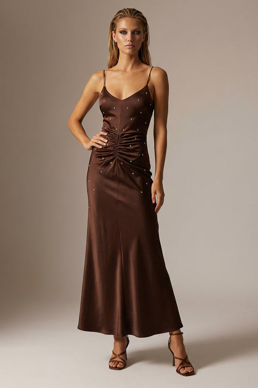 Sparkly Chocolate Satin Spaghetti Straps Sheath Long Formal Dress