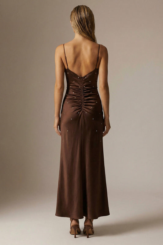 Sparkly Chocolate Satin Spaghetti Straps Sheath Long Formal Dress