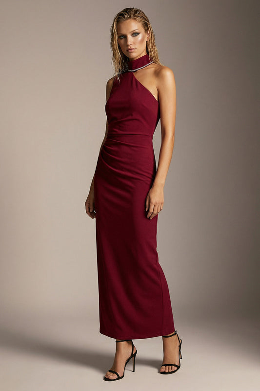 Sparkly Burgundy One Shoulder Sheath Ruched Long Formal Dress