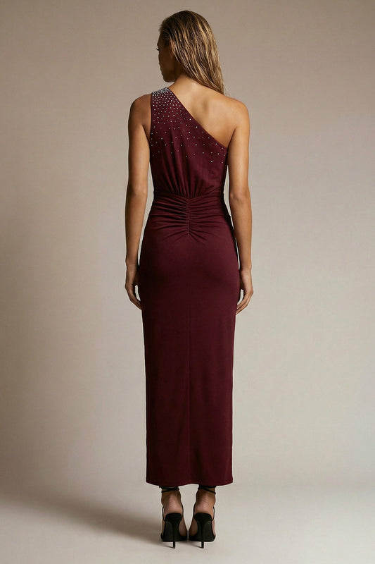 Sparkly Burgundy Sheath One Shoulder Ruched Long Formal Dress