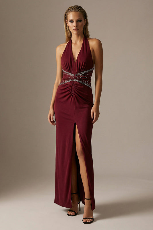 Sparkly Burgundy Sheath Halter Ruched Long Formal Dress with Slit