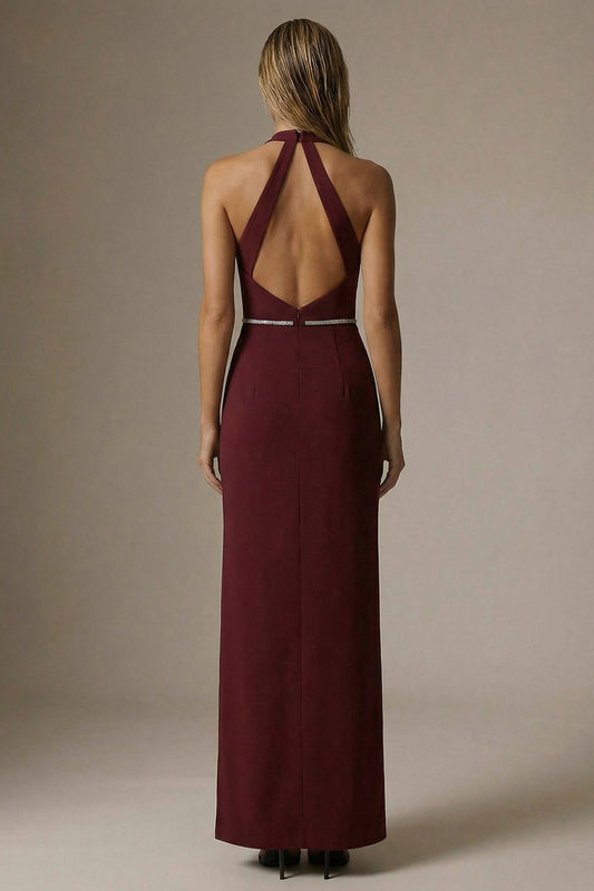 Sparkly Burgundy Halter Sheath Ruched Long Formal Dress with Slit