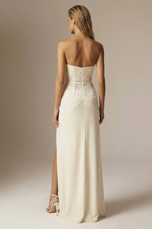 Sparkly Ivory Sheath Beaded Strapless Long Formal Dress with Slit