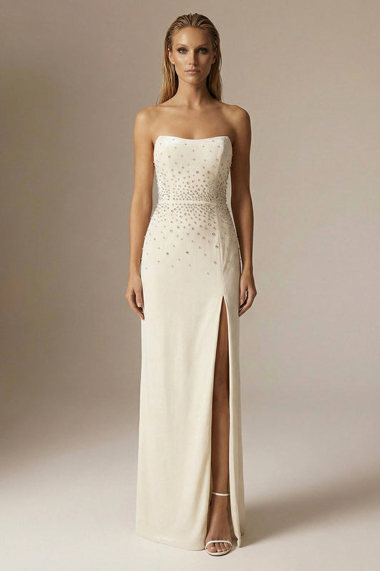 Sparkly Ivory Sheath Beaded Strapless Long Formal Dress with Slit