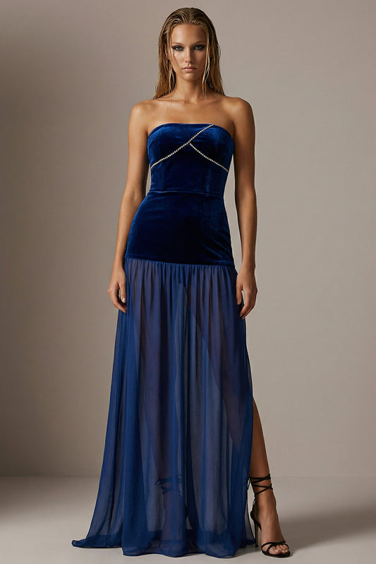 Sparkly Navy Velvet Sheath Strapless Long Formal Dress with Slit
