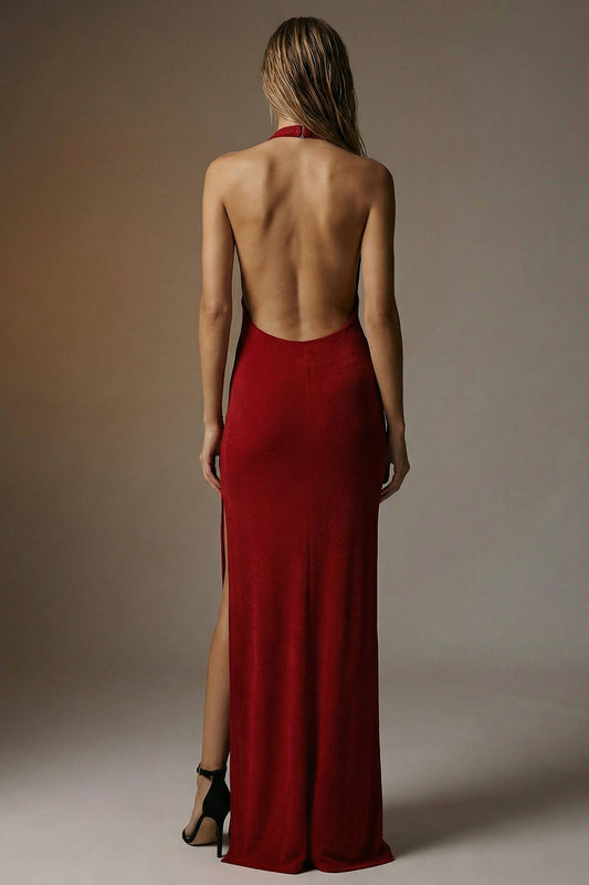 Dark Red Backless Sheath Halter Long Formal Dress with Slit