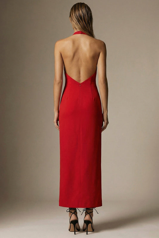 Red Sheath Satin Backless Halter Long Formal Dress with Bow