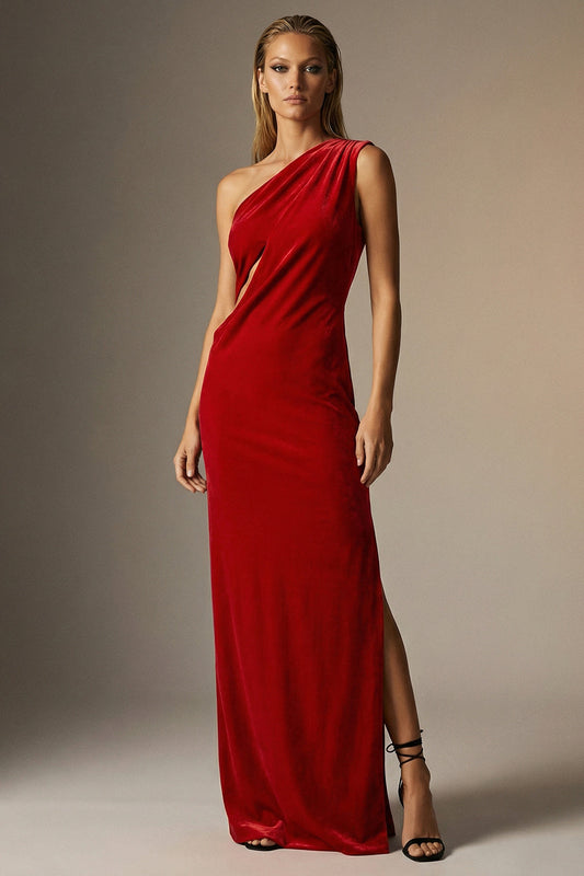 Dark Red Sheath One Shoulder Velvet Long Formal Dress with Slit