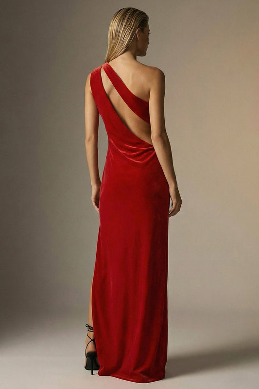 Dark Red Sheath One Shoulder Velvet Long Formal Dress with Slit
