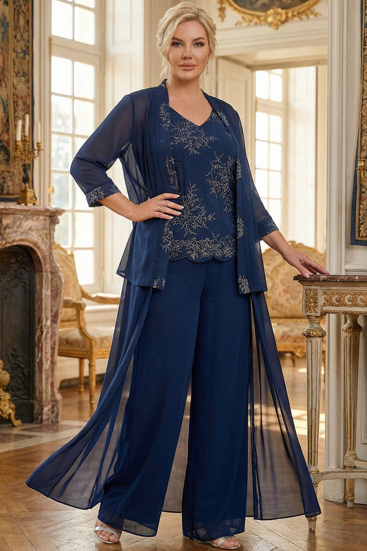 3 Piece Navy Chiffon Plus Size Floral V Neck Long Mother of the Bride Pantsuits