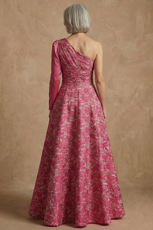 Fuchsia Floral One Shoulder A Line Long Mother of the Bride Dress with Sleeves