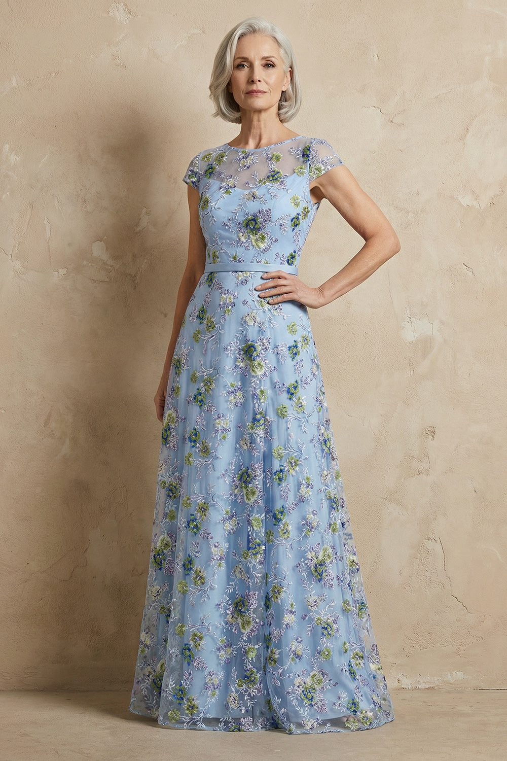 Zapakasa Women Blue Floral Long Mother of the Bride Dress Short Sleeves Illusion Round Neck Appliqued A Line Formal Dress Zapakasa Women Blue Floral Long Mother of the Bride Dress Short Sleeves Illusion Round Neck Appliqued A Line Formal Dress