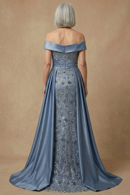 Dusty Blue Floral Off the Shoulder Appliqued Long Mother of the Bride Dress