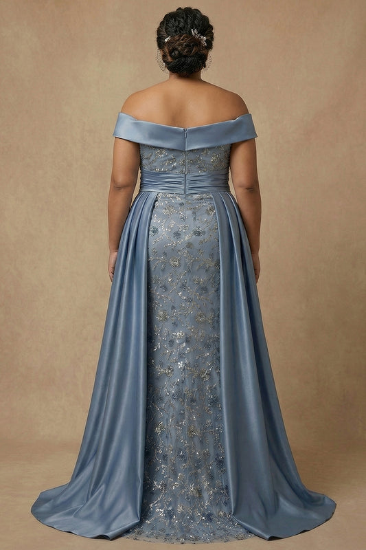 Plus Size Dusty Blue Floral Appliqued Off the Shoulder Long Mother of the Bride Dress