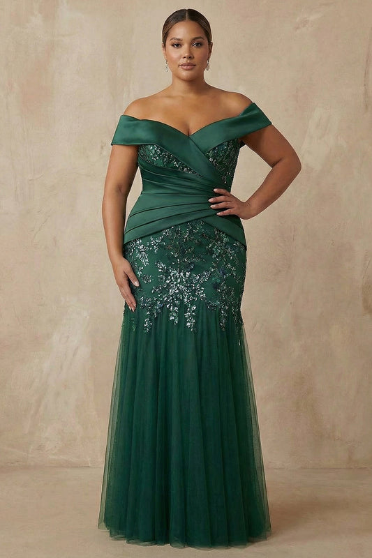 Sparkly Floral Dark Green Plus Size Off the Shoulder Long Mermaid Mother of the Bride Dress with Appliques