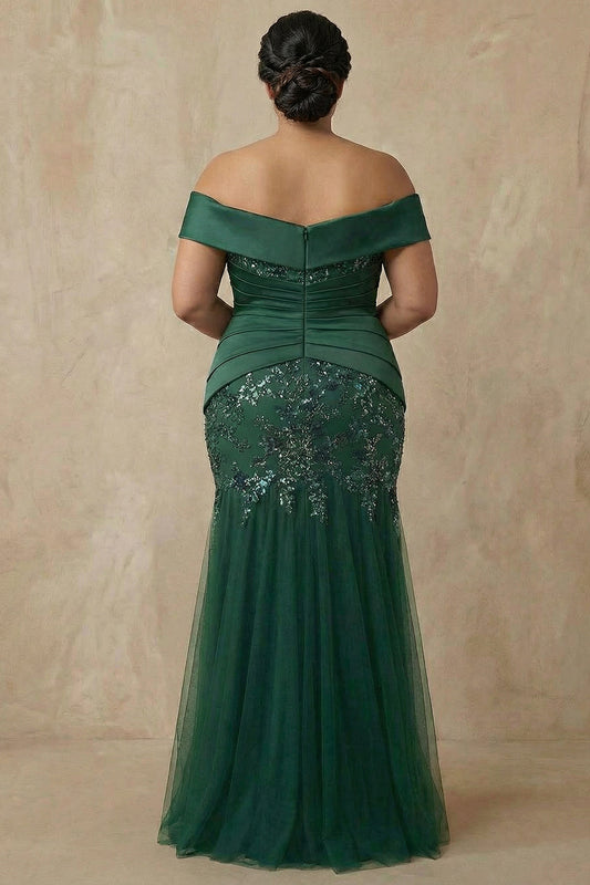 Sparkly Floral Dark Green Plus Size Off the Shoulder Long Mermaid Mother of the Bride Dress with Appliques