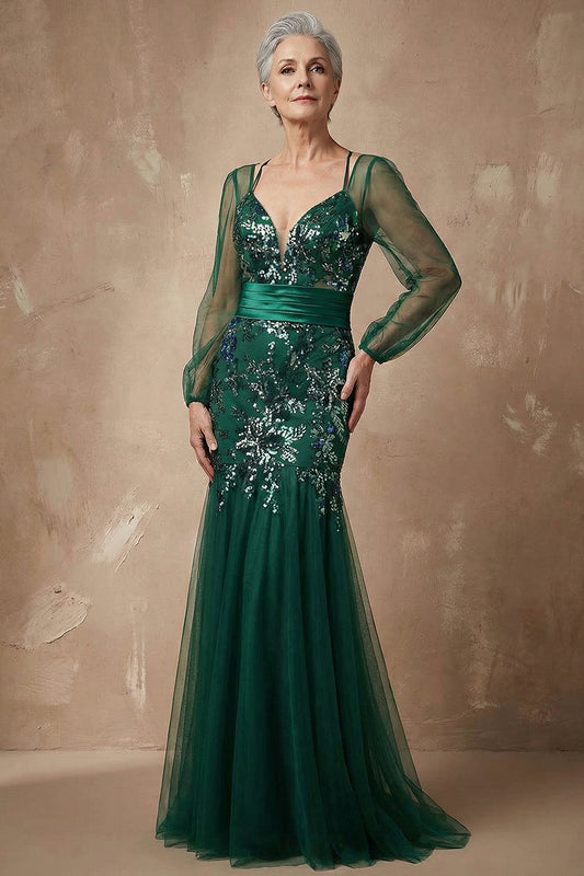 Sparkly Dark Green Floral Mermaid Appliqued Long Sleeves Mother of the Bride Dress