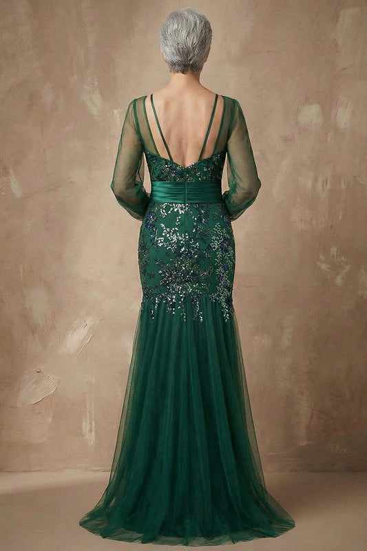 Sparkly Dark Green Floral Mermaid Appliqued Long Sleeves Mother of the Bride Dress