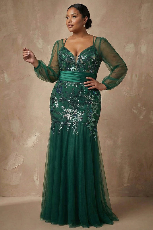 Sparkly Plus Size Dark Green Floral Appliqued Mermaid Long Sleeves Mother of the Bride Dress