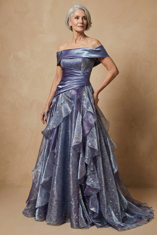Sparkly Dusty Blue Off the Shoulder Ruffled Long Glitter Prom Dress Mother of the Bride Dress