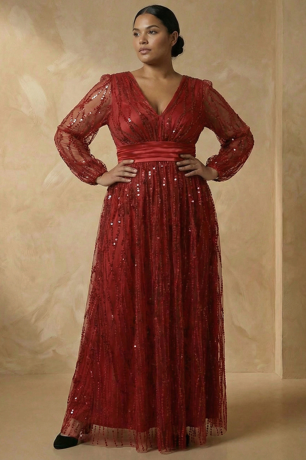 Zapaka Women Burgundy Long Mother of The Bride Dress A-Line V-Neck Sequins Long Sleeves Wedding Guest Dress, Burgundy / US18W Zapaka Women Burgundy Long Mother of The Bride Dress A-Line V-Neck Sequins Long Sleeves Wedding Guest Dress, Burgundy / US18W