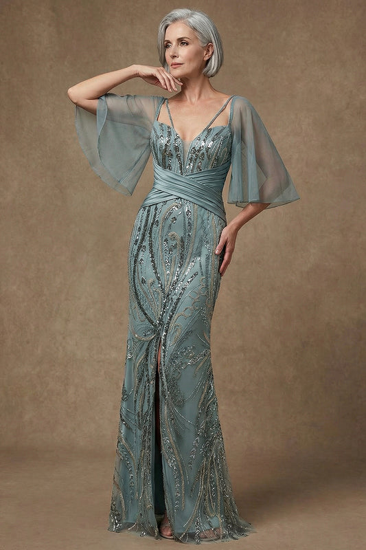 Sparkly Grey Green Sequin Appliqued Mermaid Long Mother of the Bride Dress with Slit