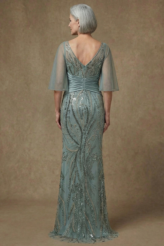 Sparkly Grey Green Sequin Appliqued Mermaid Long Mother of the Bride Dress with Slit
