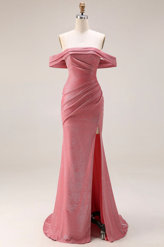 Red Ruched Mermaid Off the Shoulder Long Prom Dress with Slit
