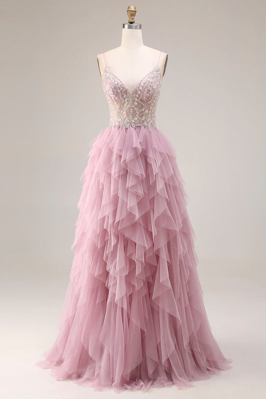 Sparkly Dusty Pink Beaded Spaghetti Straps Tulle A Line Tiered Long Prom Dress with Ruffles