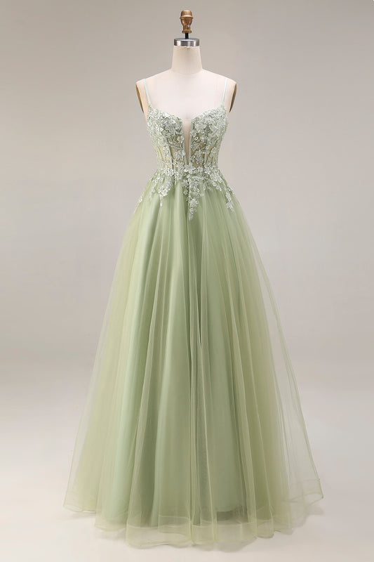 Spaghetti Straps Corset Light Green A Line Appliqued Tulle Long Prom Dress