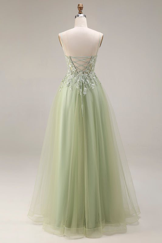 Spaghetti Straps Corset Light Green A Line Appliqued Tulle Long Prom Dress
