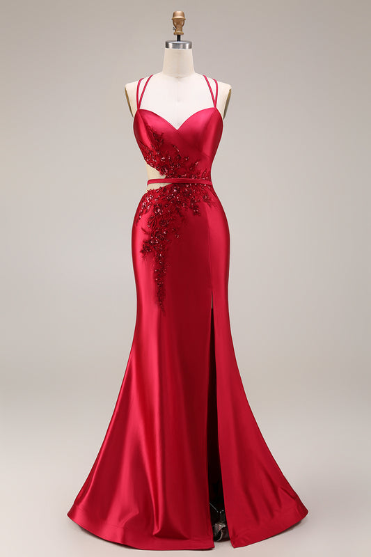 Sparkly Red Satin Mermaid Appliqued Cut Out Long Prom Dress with Slit