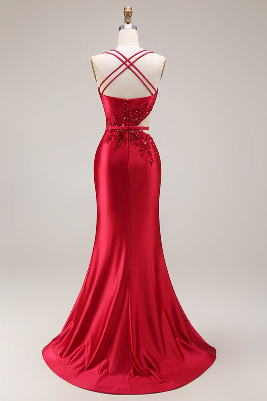 Sparkly Red Satin Mermaid Appliqued Cut Out Long Prom Dress with Slit