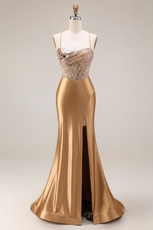 Sparkly Gold Satin Mermaid Mirror Sequins Long Corset Prom Dress with Slit