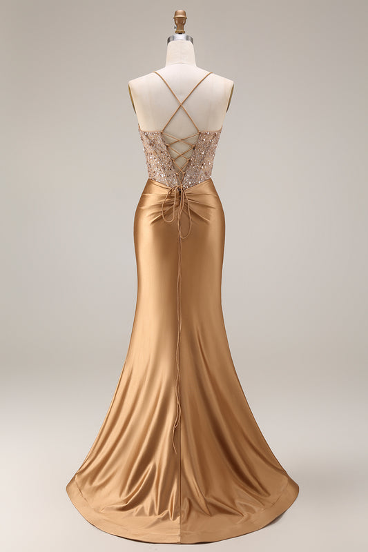 Sparkly Gold Satin Mermaid Mirror Sequins Long Corset Prom Dress with Slit
