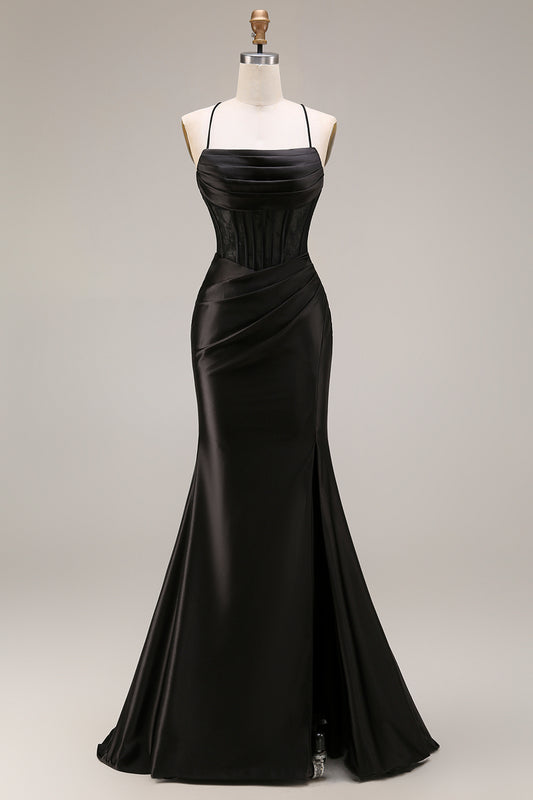 Black Satin Mermaid Ruched Long Corset Prom Dress with Lace