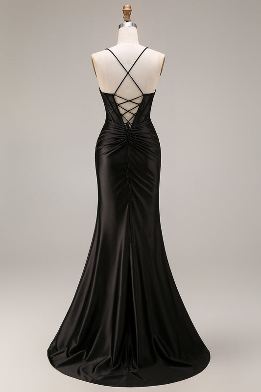 Black Satin Mermaid Ruched Long Corset Prom Dress with Lace