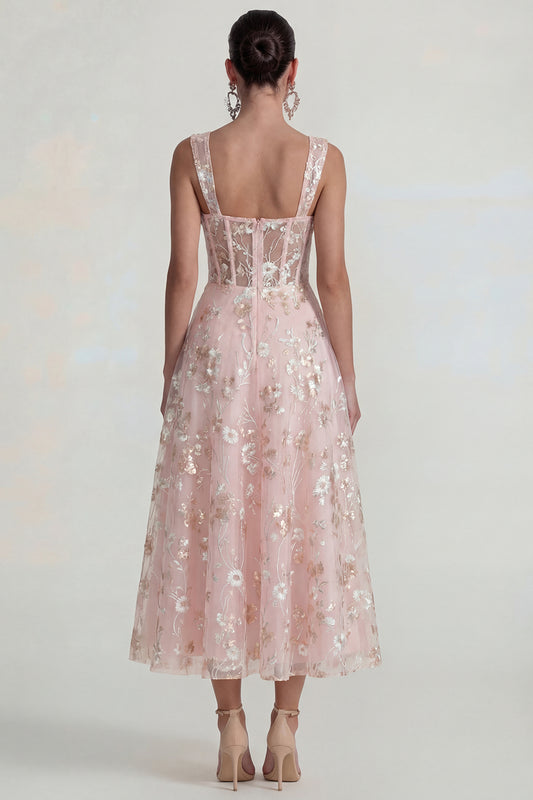 Pink Floral Corset Square Neck A Line Maxi Wedding Guest Dress