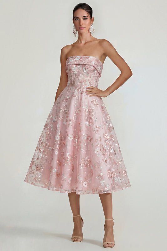 Pink Floral Strapless A Line Maxi Wedding Guest Dress