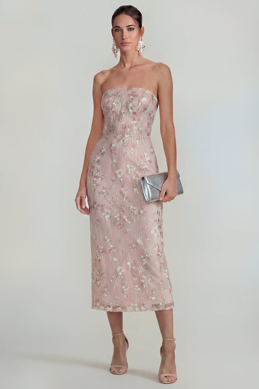 Sparkly Pink Floral Strapless Sheath Maxi Wedding Guest Dress
